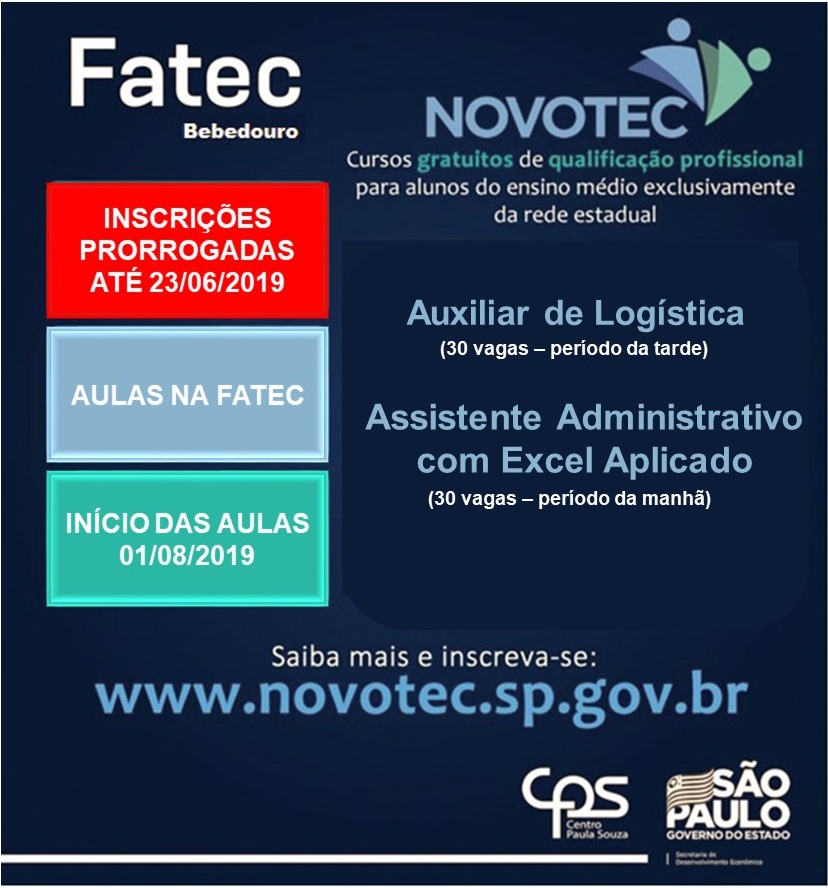 Foto da notícia InscriÃ§Ãµes prorrogadas para o NOVOTEC.